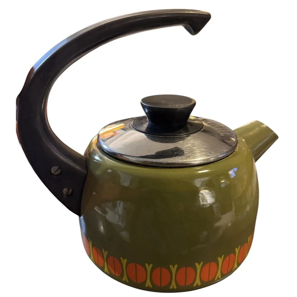VTG 1960s enamel Teapot made in Austria Avocado Green - Orange Arching Handle